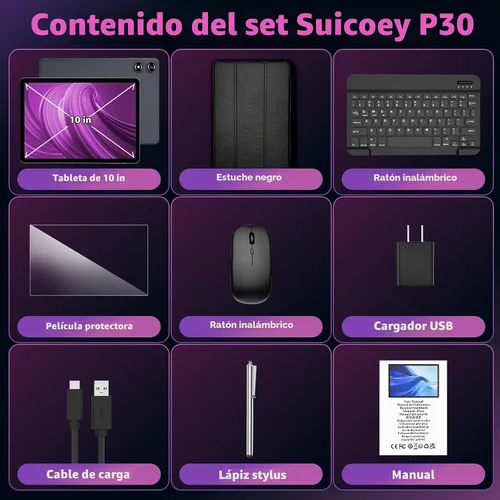 Vista 9 de Tablet Android de 10 pulgadas, tableta Android 16 2026 con teclado, 26 GB+256 GB (expansión de 2 TB), tableta Gemini AI con 8 núcleos, 8000 mAh Negro