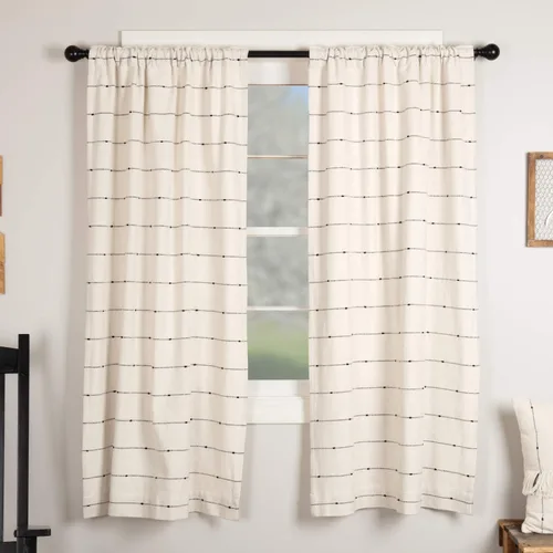 Vista 5 de Piper Classics Farmcloth Stripe Tiers, Set/2, 24 pulgadas de largo x 36 W, granja rústica, crema natural con rayas negras, cortinas de café