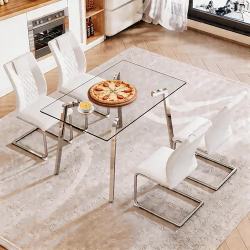 Vista 25 de Juego de mesa de comedor de cristal para 4, mesa rectangular con 4 sillas de cocina de cuero blanco, juego de comedor de cocina de 51 pulgadas, mesa