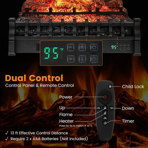 Vista 8 de COSTWAY Juego de troncos para chimenea eléctrica de 26 pulgadas con llama
