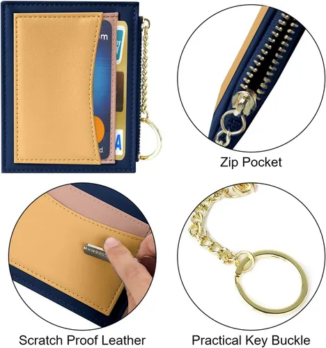 Vista 12 de URAQT Cartera para tarjetas de crédito, cartera minimalista de cuero delgado con cremallera, mini protector de tarjeta de crédito, llavero bolsillo