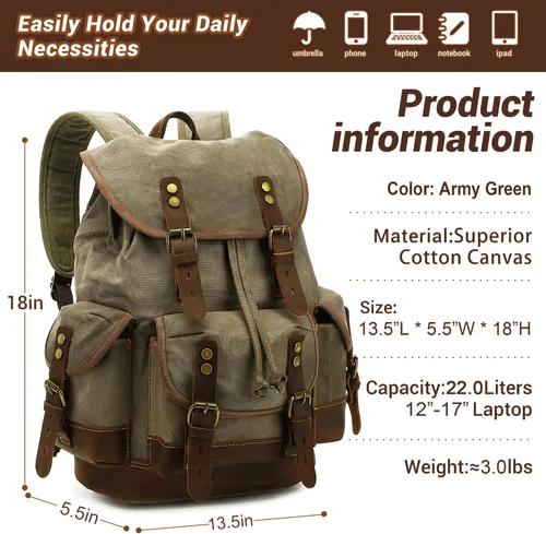Vista 2 de HuaChen mochila vintage de lona y cuero mochila espaciosa y duradera para hombres y mujeres, perfecta para viajes y vida universitaria, Grande