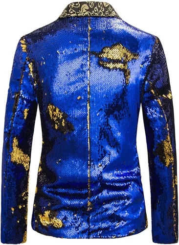 Vista 3 de Chaqueta de lujo de lentejuelas azul rey con purpurina para hombre, chaqueta de conversión de 2 colores, chaqueta de escenario de club nocturno