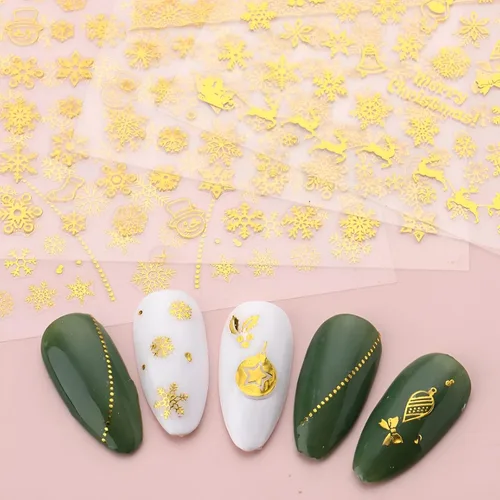Vista 5 de 8 hojas de calcomanías de arte de uñas de copo de nieve, color blanco y dorado, calcomanías de uñas de Navidad autoadhesivas 3D, calcomanías de uñas