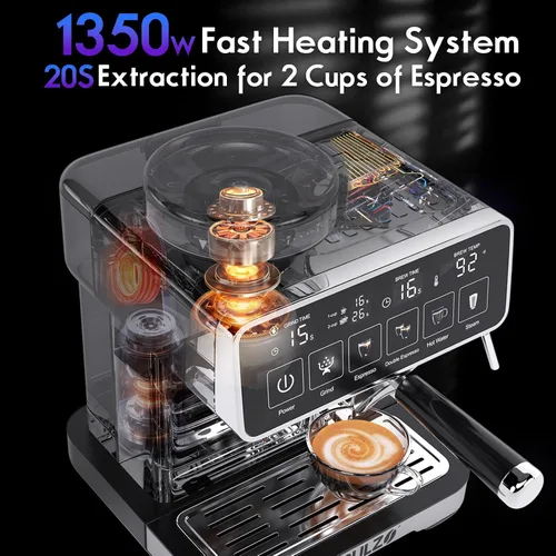 Vista 7 de PULZO Máquina de café expreso con molinillo, cafetera profesional de 20 bar
