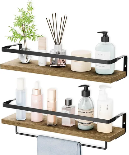 Vista 8 de Estantes de baño con toallero, estantes flotantes para baño, cocina, dormitorio, madera de paulownia, marco de metal negro mate, juego de 2