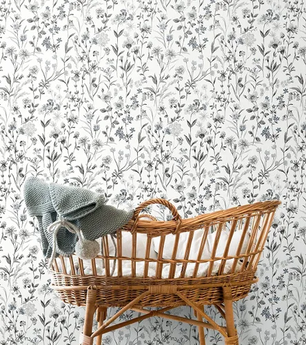 Vista 6 de NextWall Papel tapiz autoadhesivo de flores silvestres (carbón y piedra azulada)