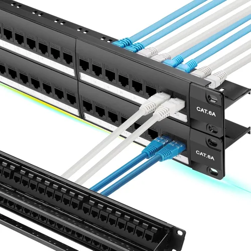 Vista 9 de Rapink Panel de conexión de 24 puertos Cat6 con soporte Keystone en línea 10G, panel de conexión con acoplador de paso UTP de 19 pulgadas con barra