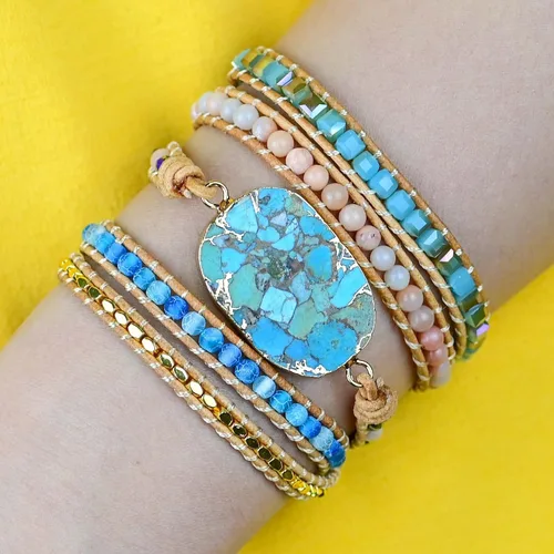 Vista 5 de TEEPOLLO Pulseras bohemias hechas a mano de jaspe, turquesa, amatista, bohemias, para mujeres, curativas, cuentas de piedra natural, colección