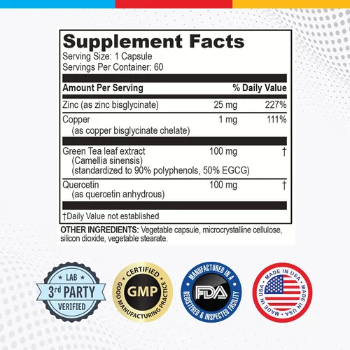 Vista 3 de Brain Basics Opti Zinc Plus - Suplemento de zinc con quercetina, EGCG y cobre. Fórmula de apoyo inmunológico - 60 cápsulas