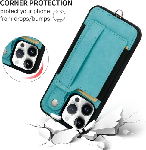 Vista 8 de TOOVREN Funda tipo cartera para iPhone 14 Pro Max con tarjetero y cordón para iPhone 14 Pro Max, funda con correa para cartera, soporte de cuero