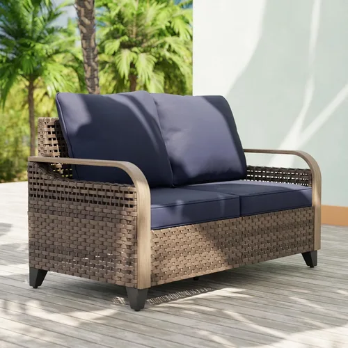 Vista 11 de EAGLE PEAK Sofá de mimbre para patio al aire libre, muebles modernos de ratán para patio, terraza, porche, balcón, sofá de 3 asientos, marrón/gris