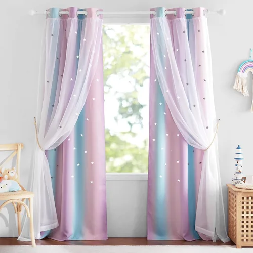 Vista 25 de NICETOWN Cortinas para dormitorio de niñas, cortinas de arco iris, cortinas de estrellas, cortinas de princesa, decoración de habitación