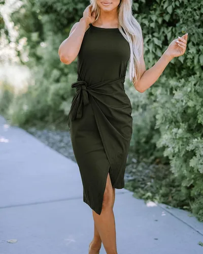 Vista 3 de NOLLSOM Vestido casual sin mangas a rayas para mujer, vestido por debajo de la rodilla de verano con cuello halter, fruncido, entallado, con lazo
