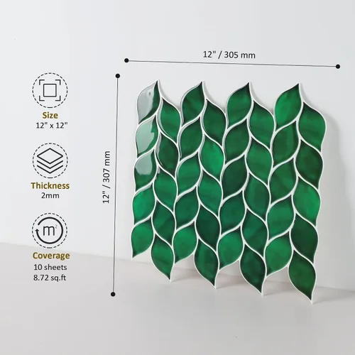 Vista 2 de HOMEART Azulejos de hojas verdes para salpicaduras, autoadhesivos, hechos a mano, para pegar en el protector contra salpicaduras para cocina y baño