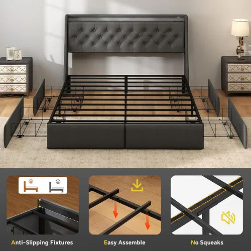 Vista 6 de SADENICEL Base de cama de tamaño completo con cabecera de almacenamiento y 4 cajones, plataforma de base de cama de metal completo con luz LED