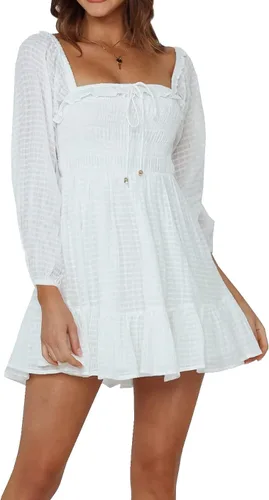 Vista 3 de R.Vivimos Minivestido de algodón de manga larga con cuello cuadrado y volantes fruncidos para mujer
