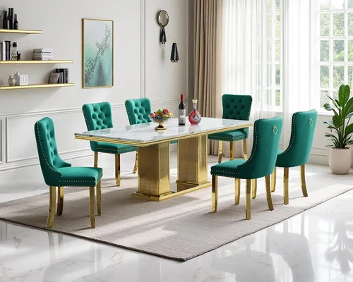 Vista 30 de Juego de mesa de comedor de mármol para 4, mesa de cocina rectangular de mármol negro de 68 pulgadas con base en H de acero inoxidable dorado, juego