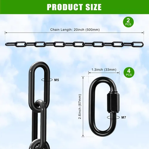 Vista 5 de 2 cadenas colgantes resistentes de 20 pulgadas con ganchos, cadena de extensión de columpio, color negro