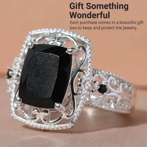 Vista 6 de Black Tourmaline Rings - Birthstone Rings for Women - Engagement Promise Ring for Her Statement Vintage Stainless Steel Tourmaline Jewelry Birthday