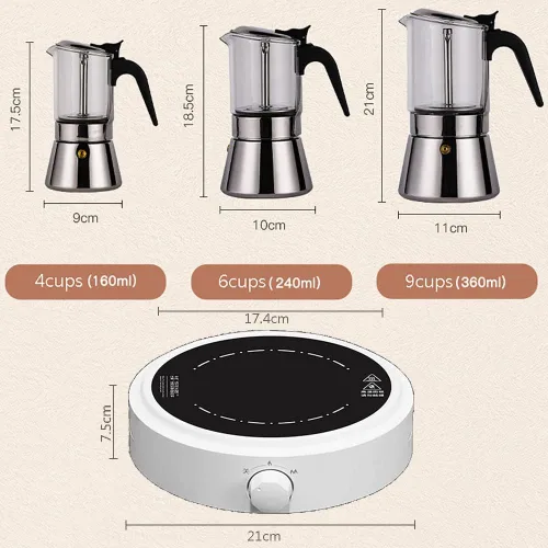 Vista 8 de Máquina de café expreso con tapa de cristal y acero inoxidable, cafetera italiana clásica, olla Moka - 4/6/9 tazas, 12.2 fl oz/12.7oz/9 tazas