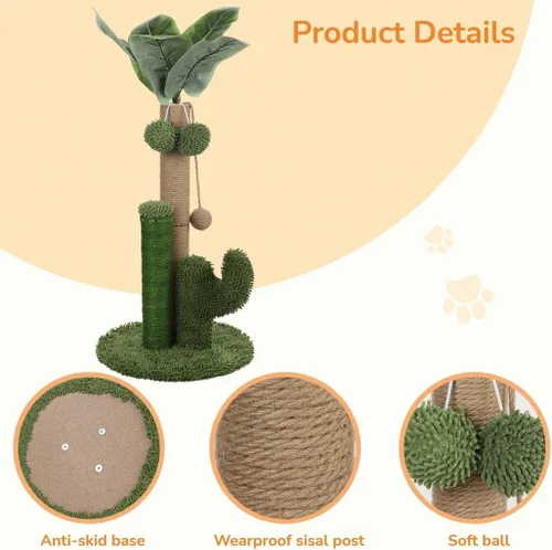 Vista 3 de joyibay Poste rascador para gatos de 11.8 x 19.3 pulgadas, árbol para gatos con juguete colgante, rascador de cactus para interiores, poste rascador