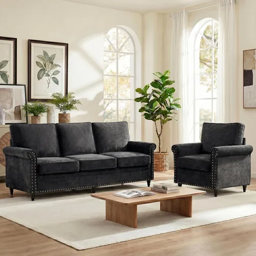 Vista 9 de Mjkone Juego de 2 piezas para sala de estar, juego de sofá y silla de chenilla, moderno juego de muebles de sofá con marco y patas de madera, cojín