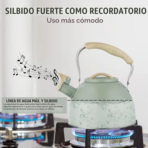 Vista 7 de Tetera de 3.0 cuartos de galón para estufa, tetera de acero inoxidable, hervidor de agua de grado alimenticio con mango de madera para café, té