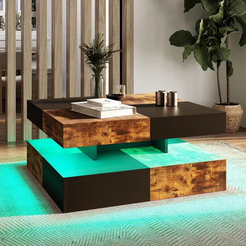 Vista 10 de HedoAjim Mesa de centro LED negra para sala de estar, mesa de sala de estar, mesas centrales cuadradas de 2 niveles, mesas de centro de madera