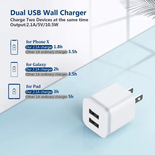Vista 2 de Cargador de pared USB, paquete de 5 unidades de 2.1A/5V de doble puerto USB cubo, adaptador de corriente de cargador de enchufe de carga de repuesto