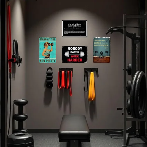 Vista 4 de Póster de disciplina para gimnasio, carteles de entrenamiento para gimnasio en casa, decoración de pared de metal, divertidos carteles de lata