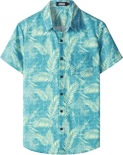 Vista 28 de JOGAL - Camisa hawaiana floral para hombre con bolsillo frontal, estilo Aloha casual Verde Aqua