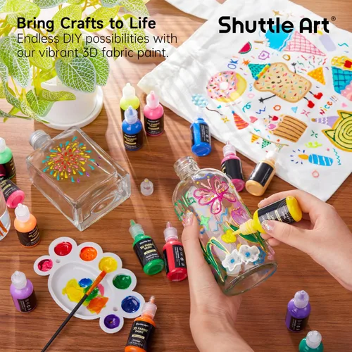 Vista 6 de Shuttle Art Pintura para Tela, 24 Colores de Pintura 3D Permanente con Pinceles, Paleta, Pluma, Lámina de Tela, Plantillas, Brilla en la Oscuridad
