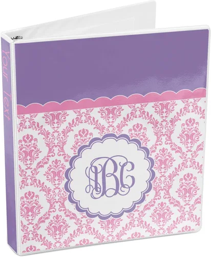 Vista 4 de Carpeta personalizada de 3 anillas damasco rosa, blanco y morado, 1 pulgada