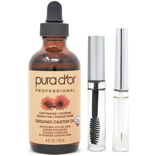Vista 2 de PURA D'OR Aceite de ricino orgánico (4 onzas + 2 cepillos prellenados para pestañas y cejas) 100% puro y orgánico aceite de argán marroquí