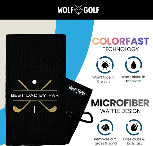 Vista 4 de Toalla de golf Wolf Golf Towels Best Dad by Par Bordada en EE. UU. Accesorios de golf para hombres