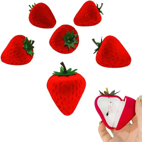 Vista 2 de Wowagoga Caja de anillo de fresa en forma de fresa anillo de terciopelo caja de almacenamiento de joyería caja de regalo, anillo pendientes joyería