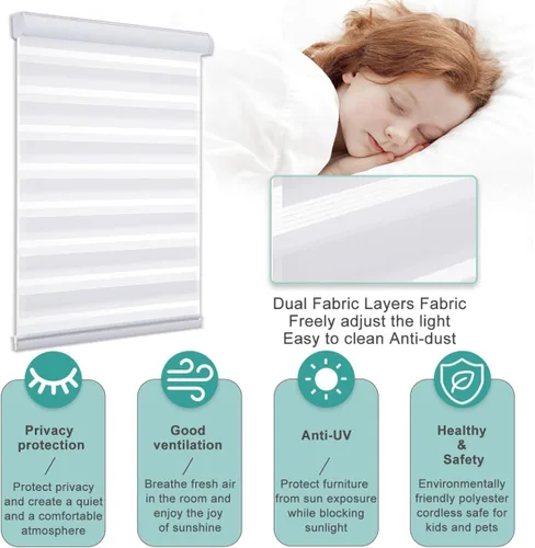 Vista 7 de MYshade - Persianas enrollables de cebra sin cordón con función de parada libre - Persianas traslúcidas de doble capa con filtración de luz y Blanco
