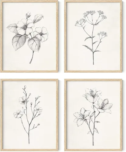 Vista 81 de HAUS AND HUES Arte de pared floral gris, juego de 4 pósteres de plantas para pared vintage, impresiones botánicas, cuadros de flores en blanco