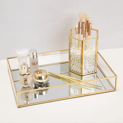 Vista 7 de Lyellfe Paquete de 2 bandejas de perfume, bandeja de tocador dorada, bandeja decorativa de espejo dorado, bandeja de perfume rectangular
