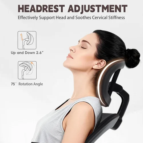 Vista 5 de Silla de oficina ergonómica con soporte lumbar ajustable 3D, respaldo alto de malla, reposacabezas giratorio de 75°, función mecedora, capacidad