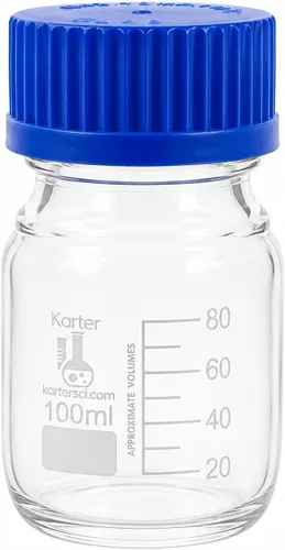 Vista 3 de Karter Scientific Botellas redondas de vidrio de 3.4 fl oz con tapa de rosca GL45, vidrio de borosilicato, 251 x 9 (paquete de 4)