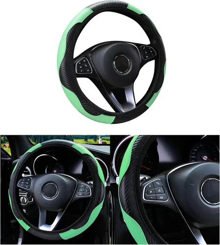 Vista 12 de Funda de volante de coche, 38 cm, de fibra de carbono, de microfibra, de PU, de cuero elástico, protector de volante antideslizante y transpirable