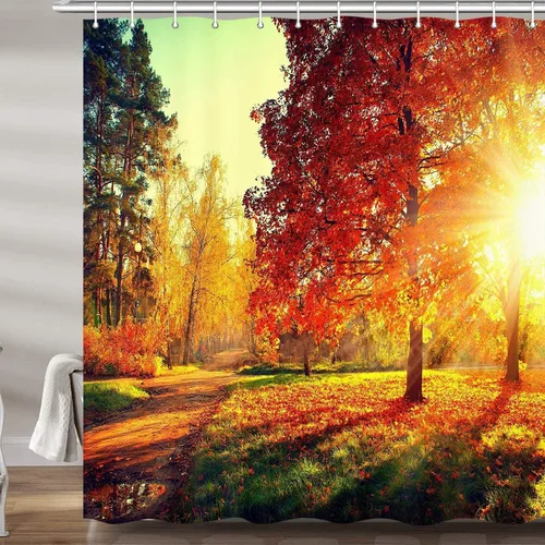 Vista 4 de Cortina de ducha para caravana y caravana, para viajes, remolque, baño, bosque dorado, otoño, camping, pequeño, estrecho, corto, de tela, accesorios