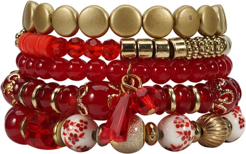 Vista 17 de 4 piezas de juego de pulseras bohemias apilables de múltiples capas con cuentas de cristal coloridas, pulseras elásticas con cuentas de oro Verde
