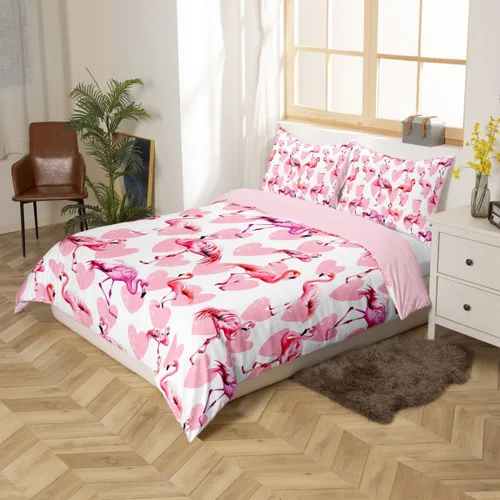 Vista 2 de Erosebridal Juego de funda de edredón de flamenco, tamaño individual, color rosa, lindo verano, tropical, animales salvajes, funda de edredón