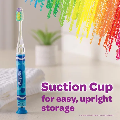 Vista 3 de GUM Crayola Cepillo de dientes con temporizador manual para niños, cerdas suaves con base de ventosa, para niños y bebés, 1 unidad (edades 3+)