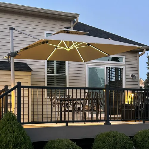 Vista 27 de PURPLE LEAF Sombrilla de patio de 9 x 12 pies con luces, sombrilla rectangular voladiza para exteriores, funciona con energía solar, LED