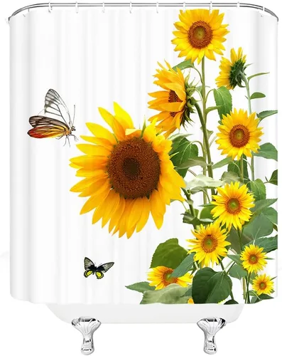 Vista 5 de Cortina de ducha de girasol, primavera, rústico, flores amarillas, mariposa, granja, floral, acuarela, hojas verdes, paisaje, flores, tela