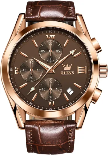 Vista 10 de OLEVS Watch for Men Chronograph Brown Leather Analog Quartz Fashion Business Dress Large Face Men Watch Day Date Luminous Waterproof Casual Male